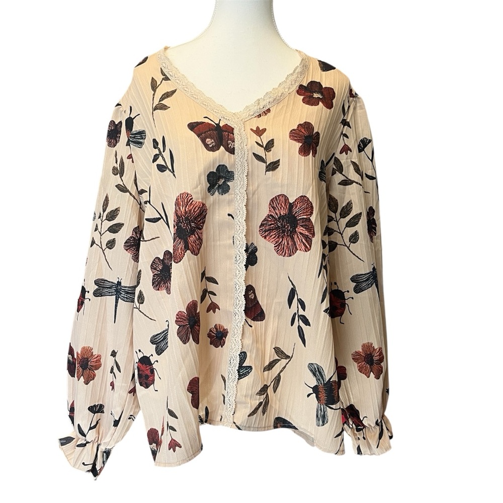 NWOT • Floral Lace-Trim V-Neck Blouse - Cream with Red Floral Print